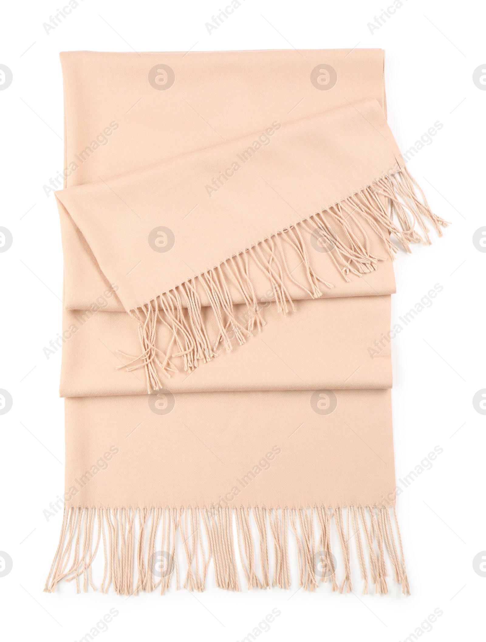 Photo of Soft cashmere scarf isolated on white, top view