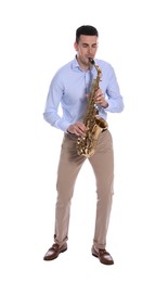 Photo of Young man playing saxophone on white background