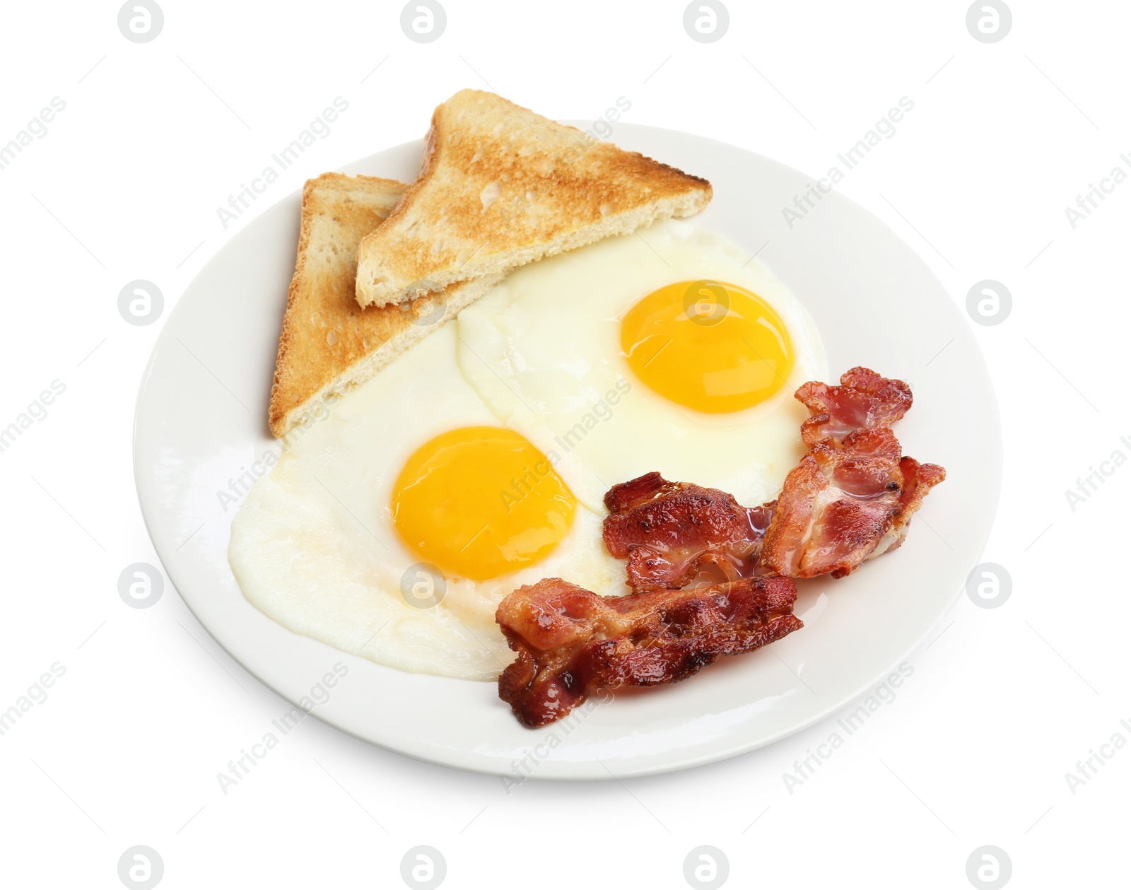 Photo of Delicious breakfast with sunny side up eggs isolated on white