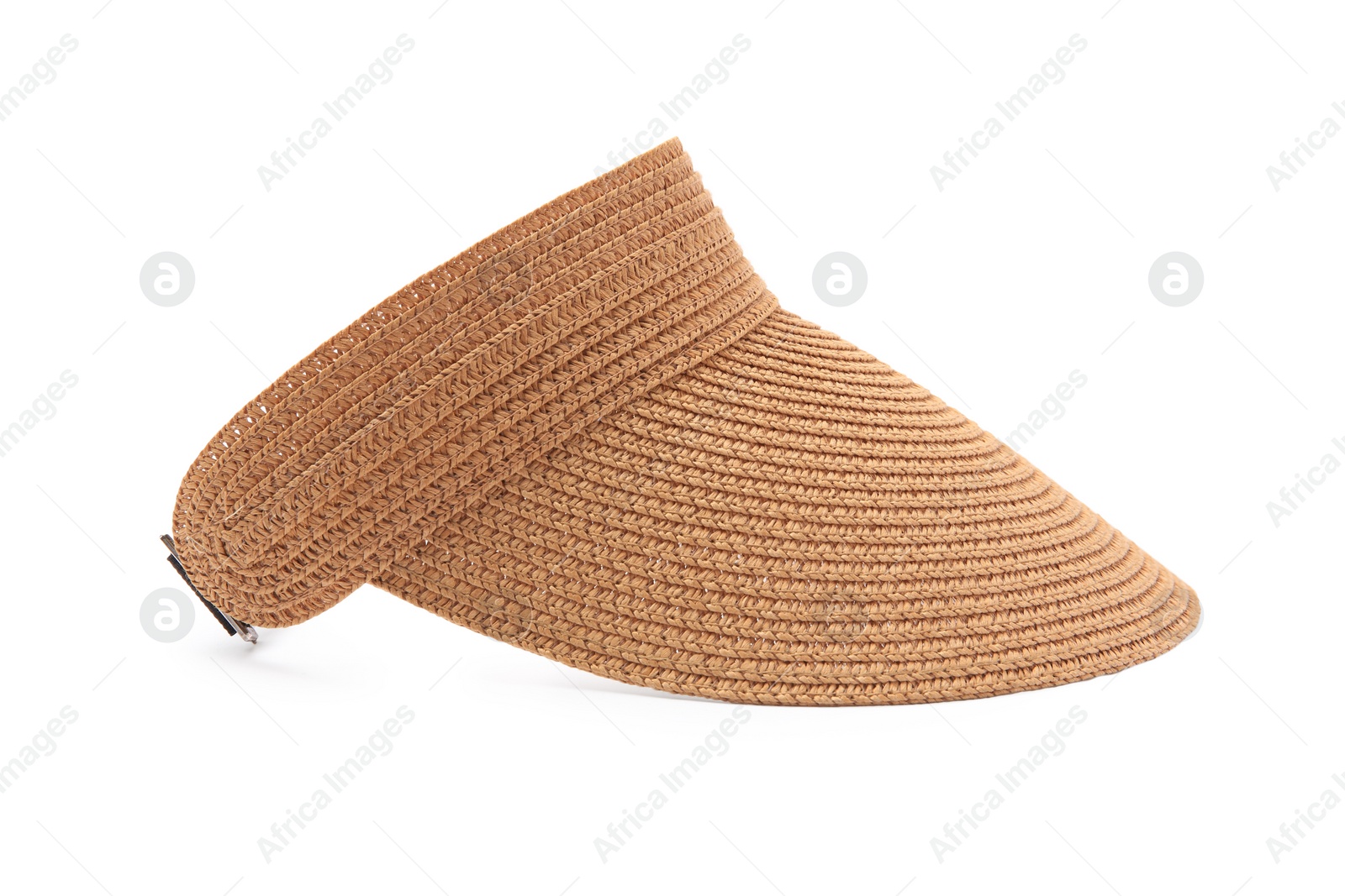 Photo of Stylish straw visor cap isolated on white. Beach object