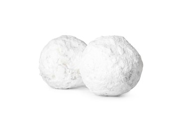 Photo of Tasty Christmas snowball cookies on white background