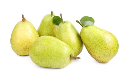 Photo of Many ripe pears with leaves on white background