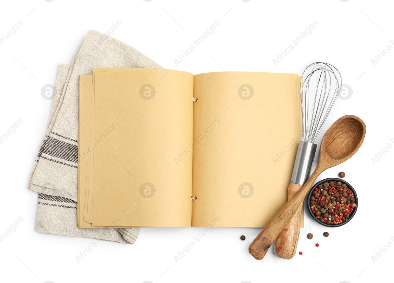 Photo of Blank recipe book, spices, napkin and kitchen utensils on white background, top view. Space for text