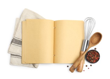 Photo of Blank recipe book, spices, napkin and kitchen utensils on white background, top view. Space for text