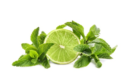 Photo of Fresh mint leaves and citrus fruit on white background