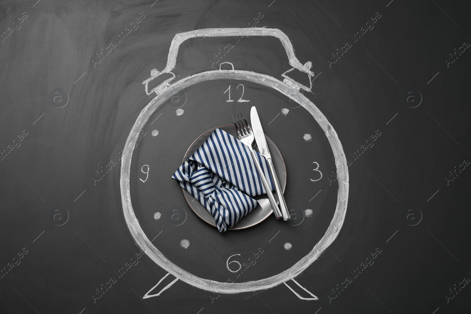 Photo of Drawn alarm clock, cutlery and tie on black surface, top view. Business lunch concept