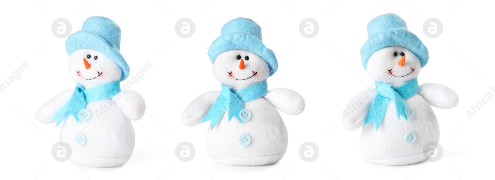 Image of Set with cute small snowman toys on white background. Banner design