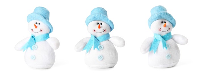 Set with cute small snowman toys on white background. Banner design