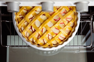 Photo of Traditional English apple pie on shelf of oven, top view