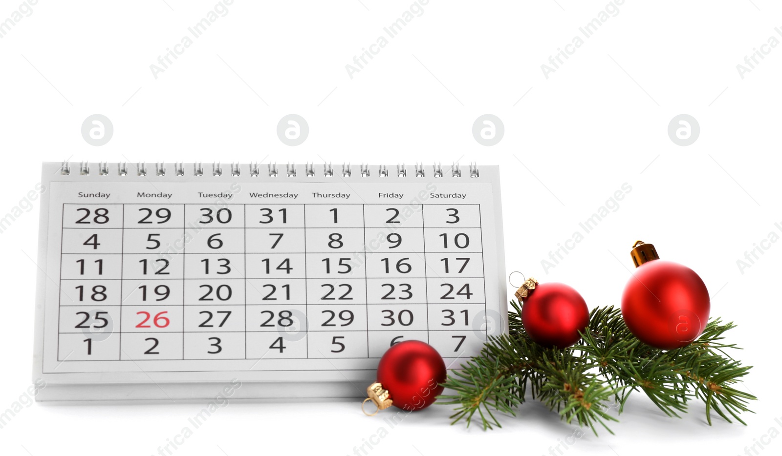 Photo of Paper calendar and decor on white background. Christmas countdown