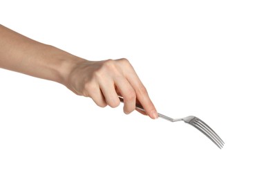 Woman holding shiny silver fork on white background, closeup
