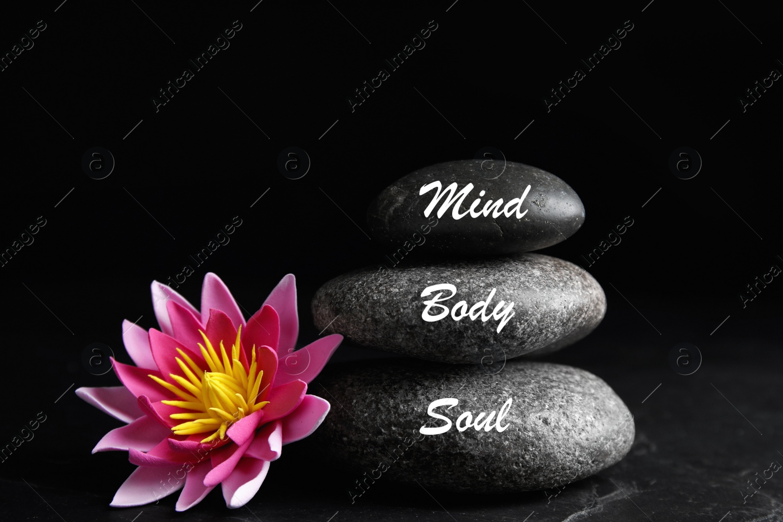 Photo of Stones with words Mind, Body, Soul and lotus flower on black background. Zen lifestyle