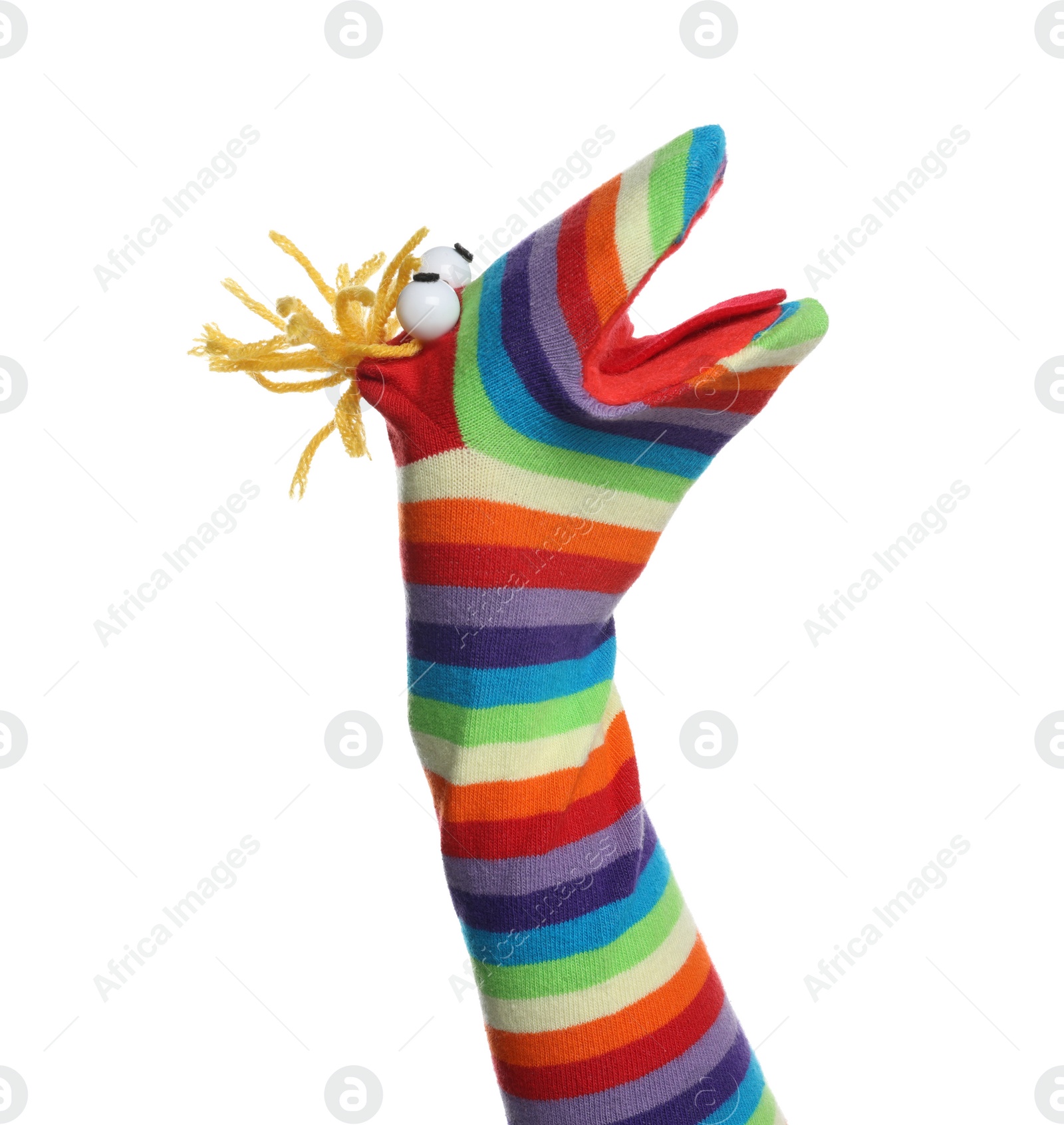 Photo of Funny sock puppet with hair isolated on white