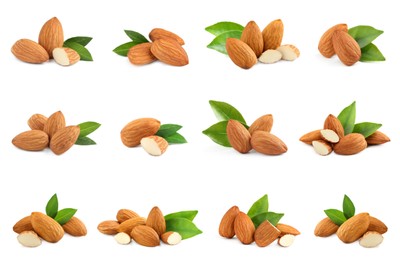 Set with tasty almond nuts on white background 