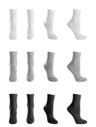 Image of Set with different socks on white background
