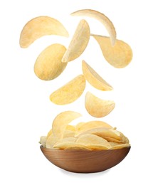 Image of Fried crispy potato chips falling into bowl on white background