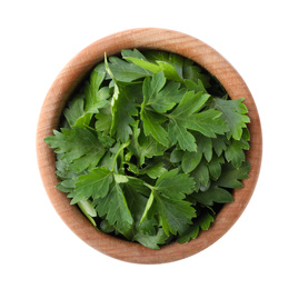 Photo of Fresh green parsley in wooden bowl isolated on white, top view