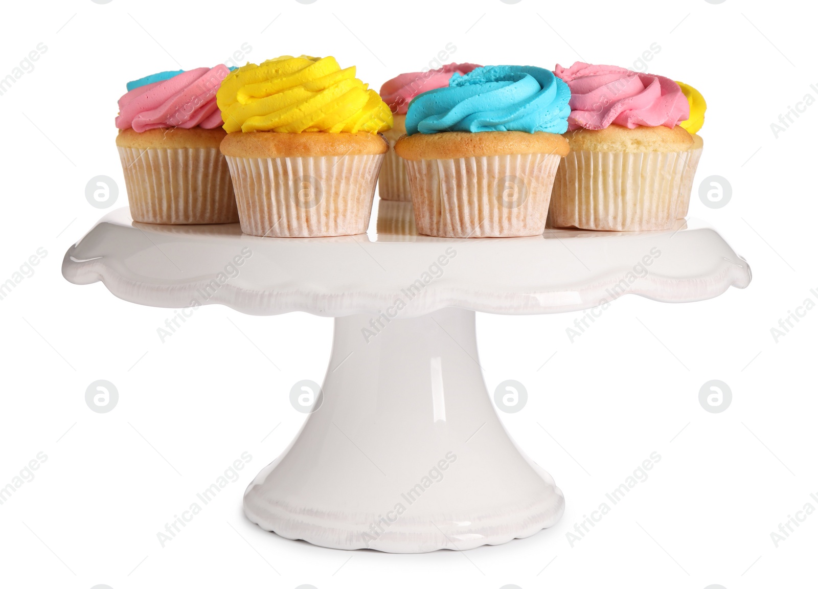 Photo of Delicious cupcakes with bright cream isolated on white