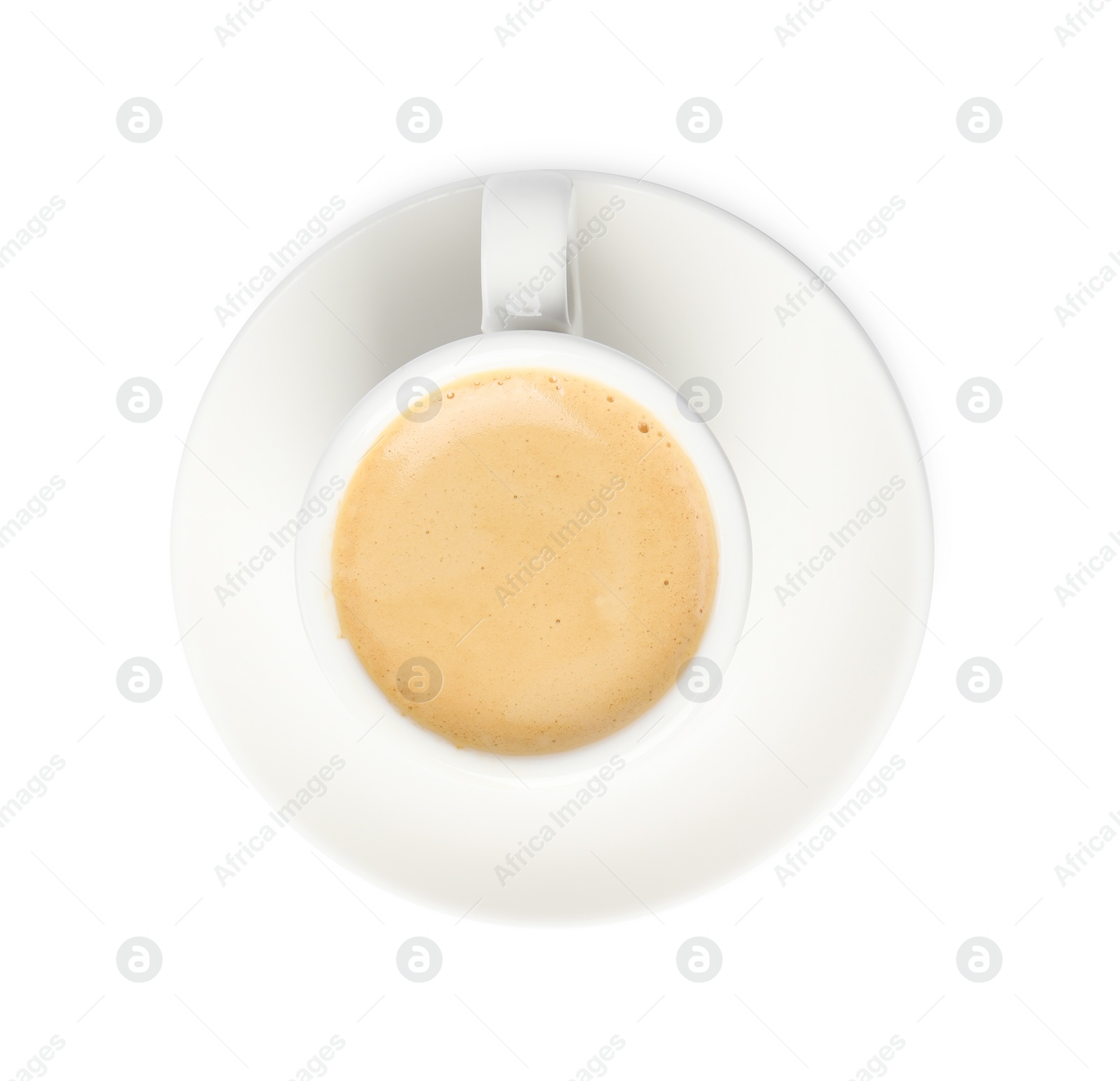 Photo of Aromatic coffee in cup isolated on white, top view