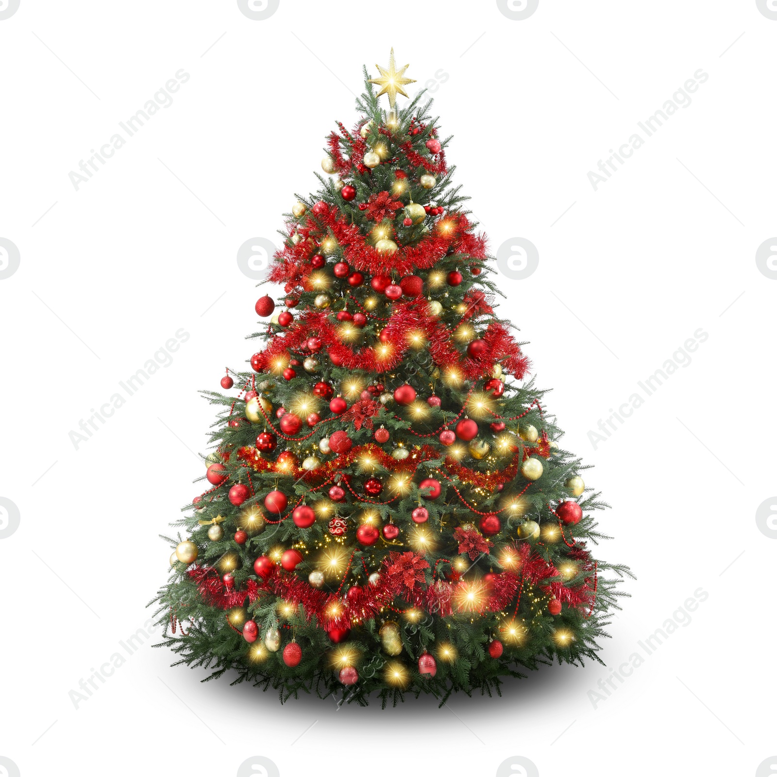 Image of Christmas tree decorated with ornaments and festive lights isolated on white