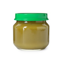 Photo of Baby food. Tasty healthy puree in jar isolated on white