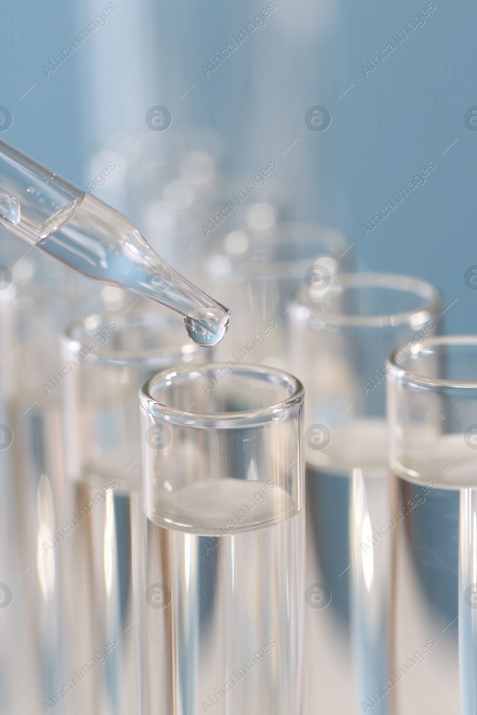 Photo of Laboratory analysis. Dripping liquid from pipette into glass test tube on blurred background, closeup