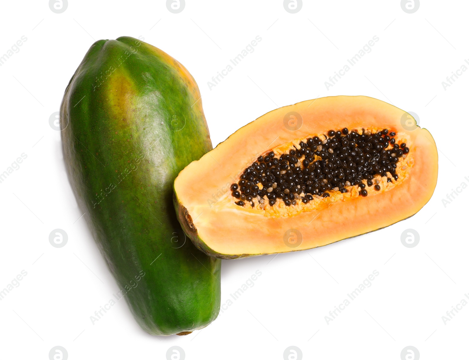 Photo of Fresh juicy ripe papayas on white background, top view