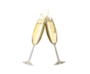 Image of Clinking glasses of sparkling wine with splash on white background