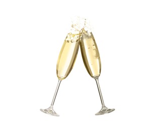 Clinking glasses of sparkling wine with splash on white background