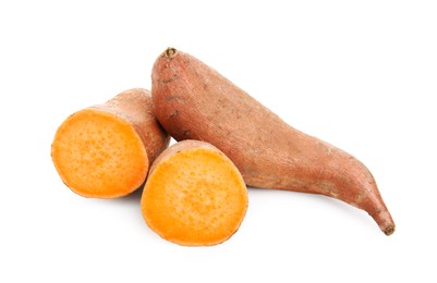 Whole and cut sweet potatoes on white background