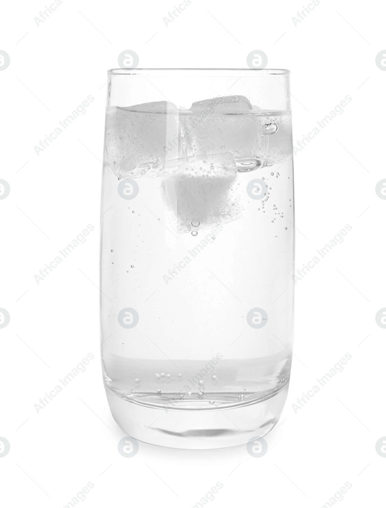 Photo of Glass of soda water with ice cubes isolated on white