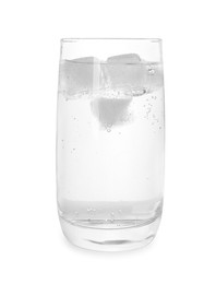 Glass of soda water with ice cubes isolated on white