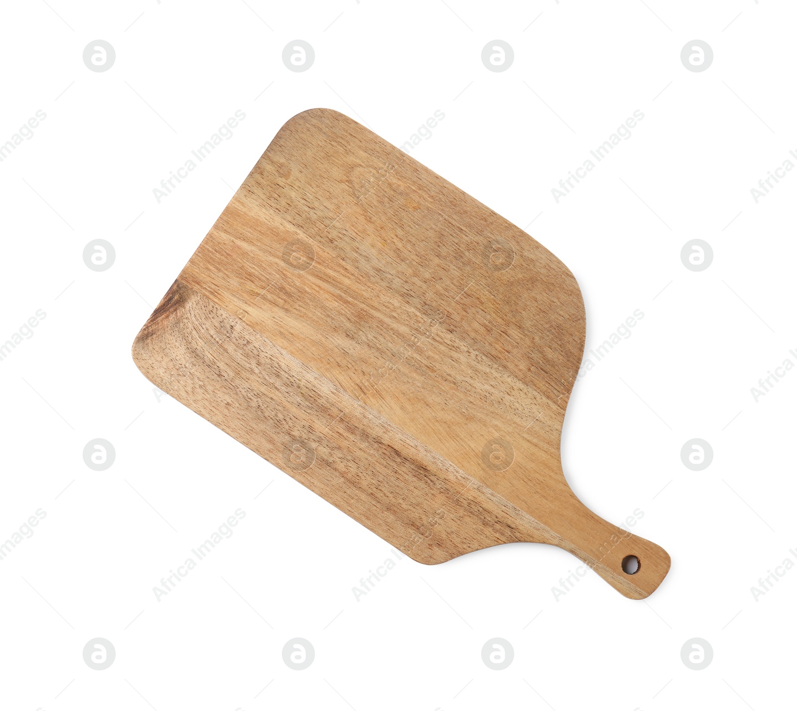 Photo of One wooden cutting board isolated on white, top view