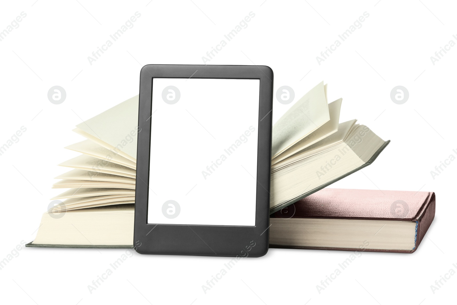 Photo of Hardcover books and modern e-book isolated on white