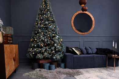 Living room interior with Christmas tree and festive decor