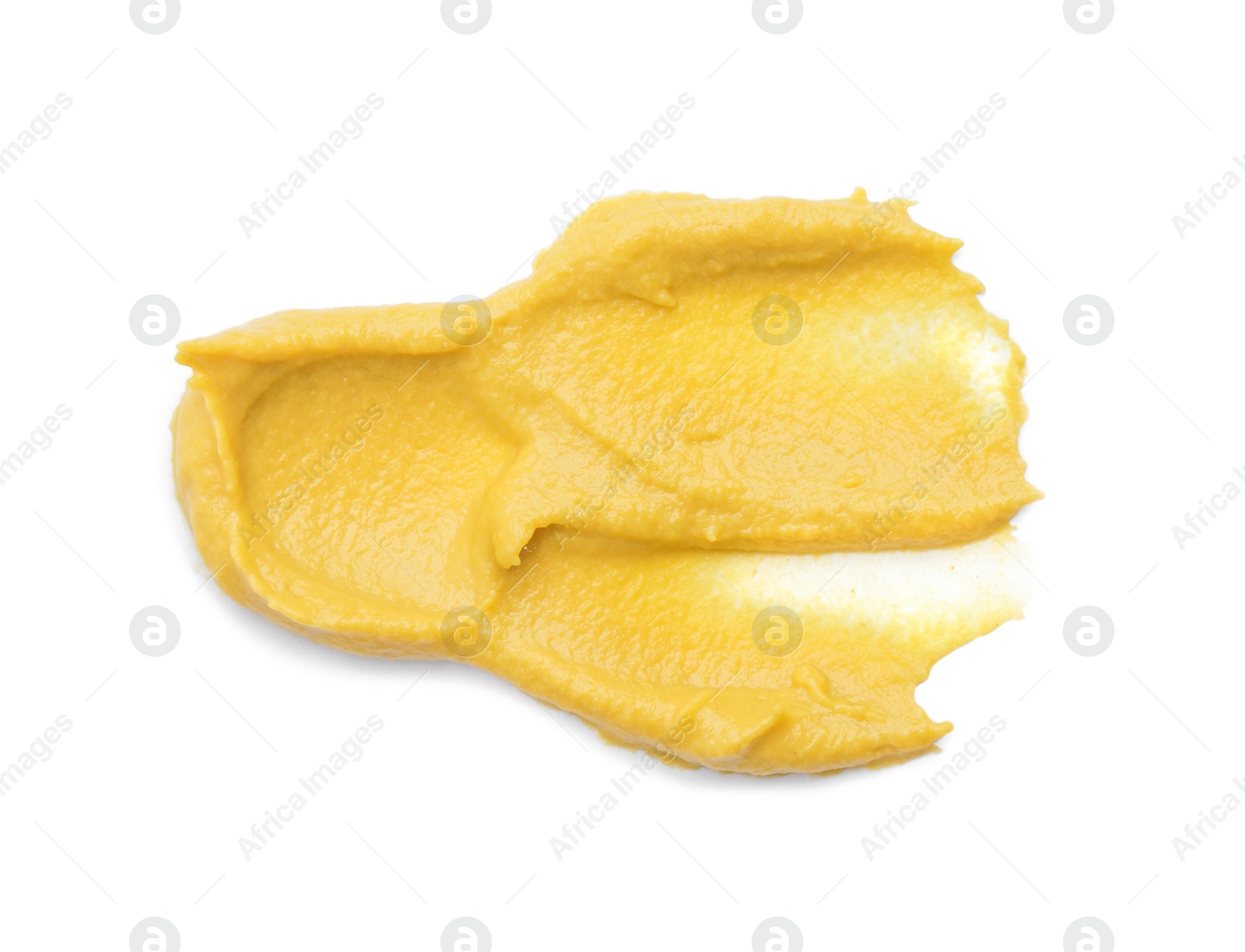 Photo of Tasty mustard isolated on white, top view. Spicy sauce