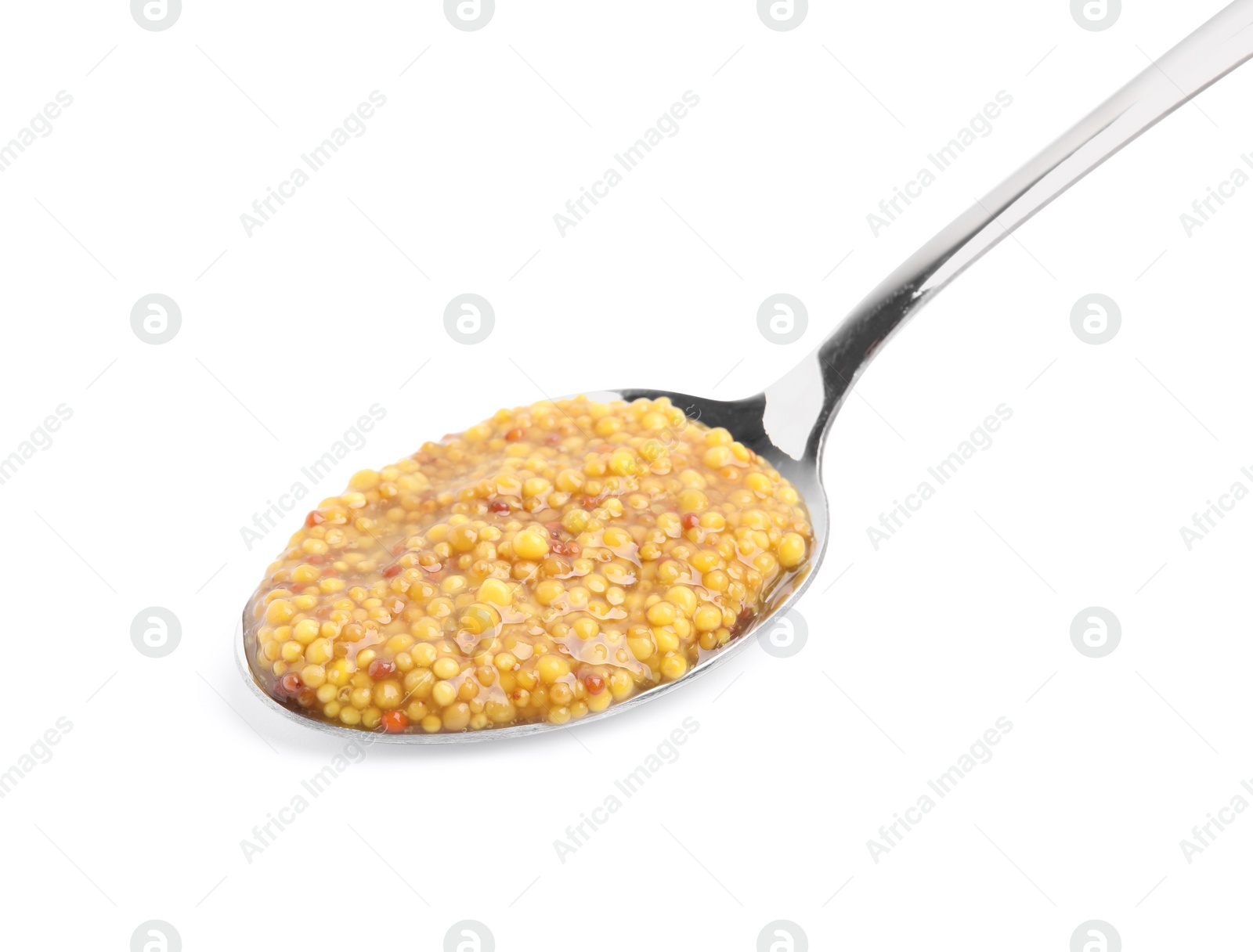 Photo of Spoon with delicious whole grain mustard isolated on white