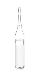 Photo of Medical ampoule with solution for injection on white background