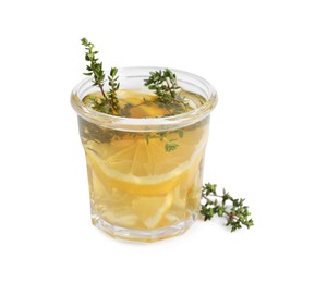 Photo of Aromatic herbal tea with thyme and lemon isolated on white