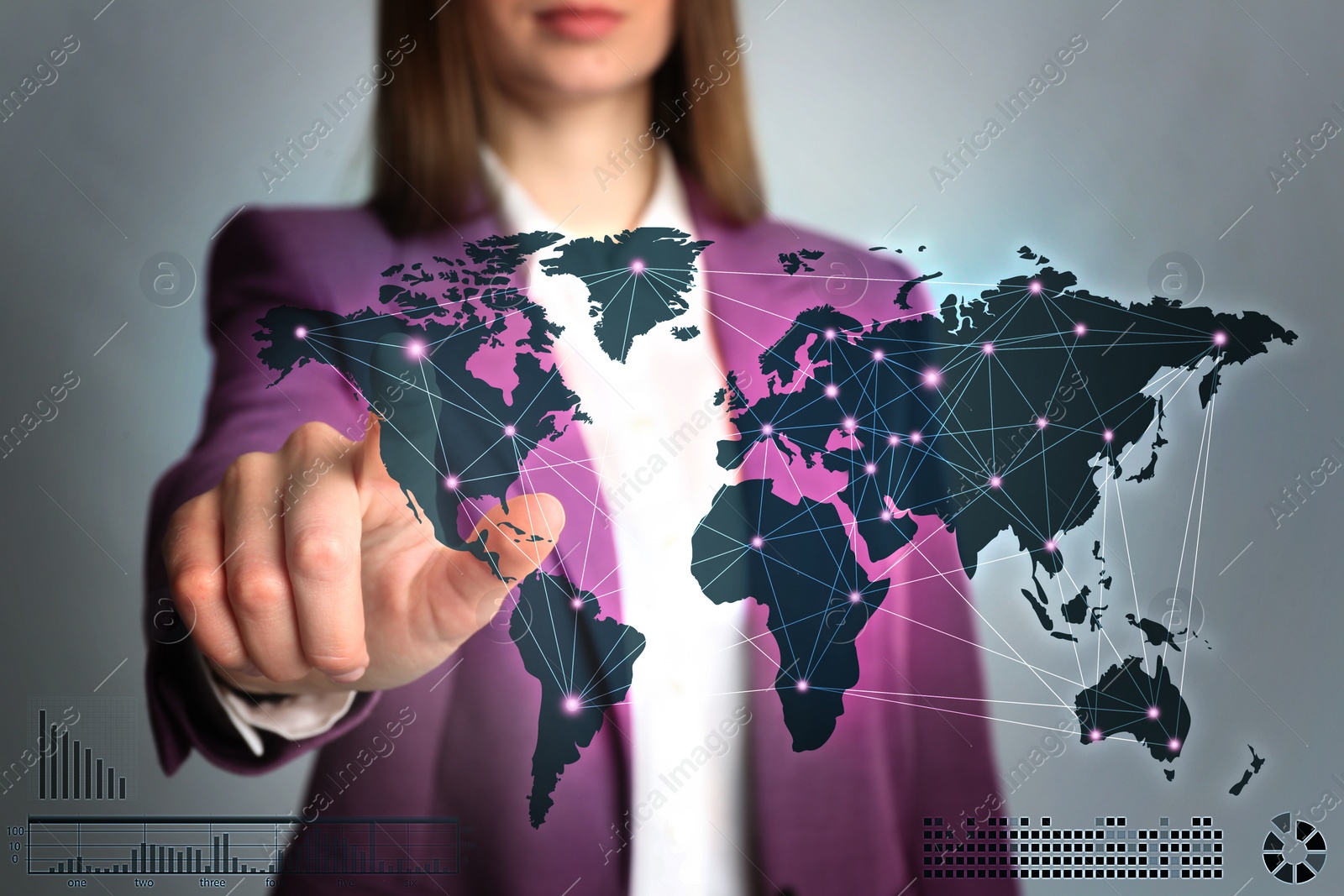 Image of Travel agency services. Woman touching world map on virtual screen