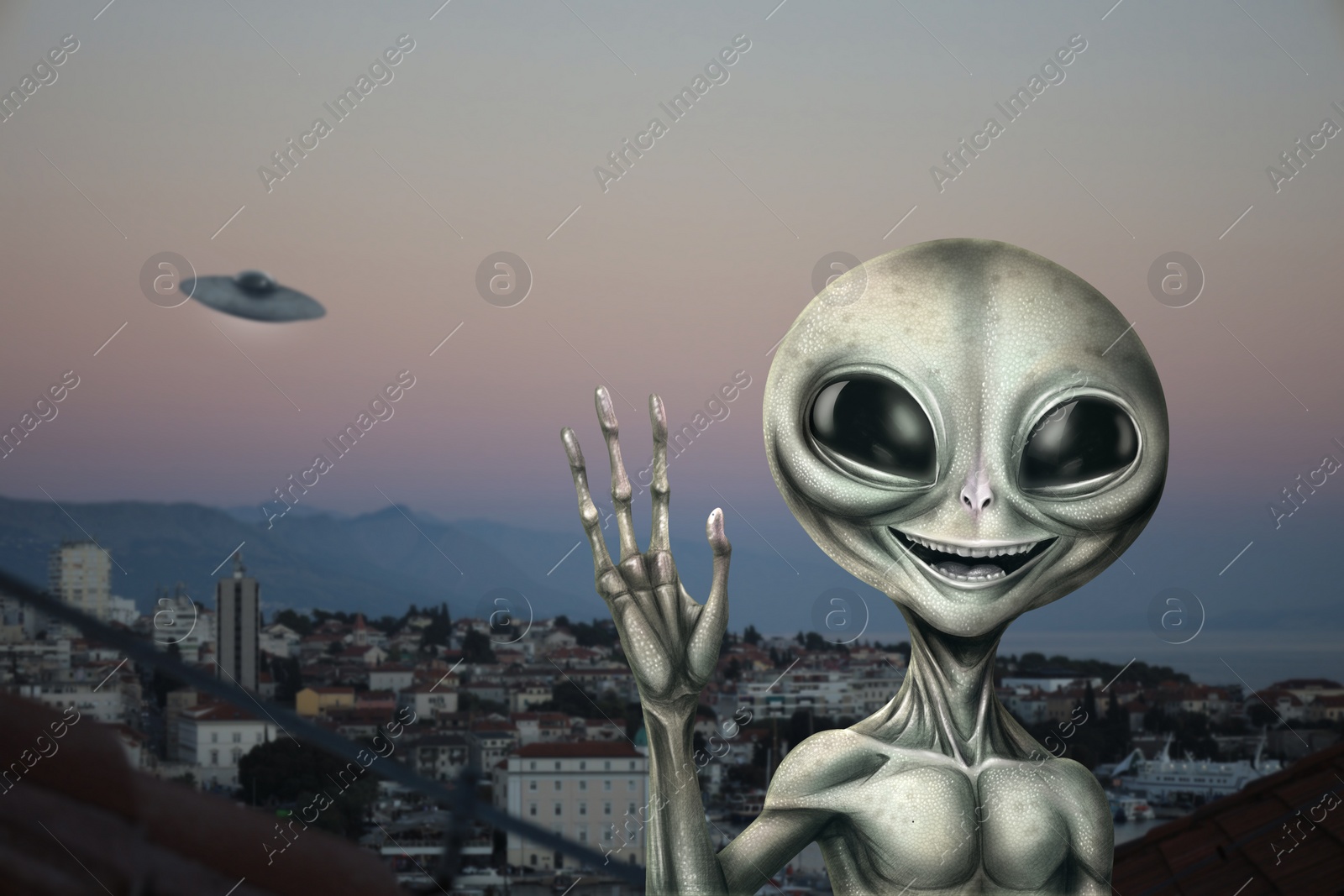 Image of Alien and flying saucer at city. UFO, extraterrestrial visitors