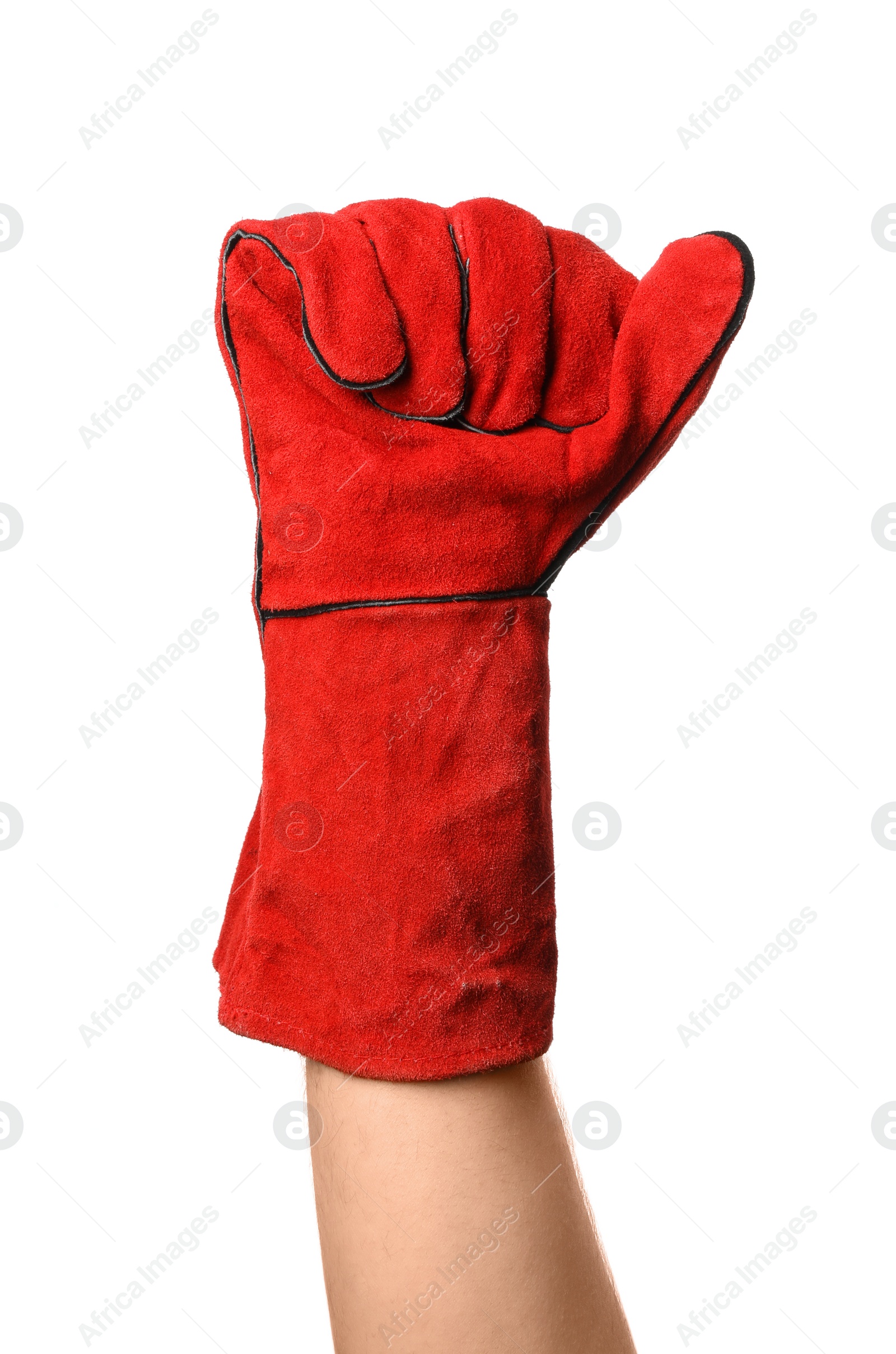 Photo of Man in protective gloves isolated on white, closeup