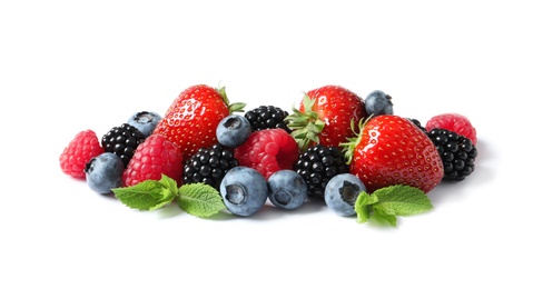 Raspberries and different berries on white background