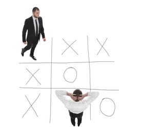 Image of Men and illustration of tic-tac-toe game on white background. Business strategy concept 