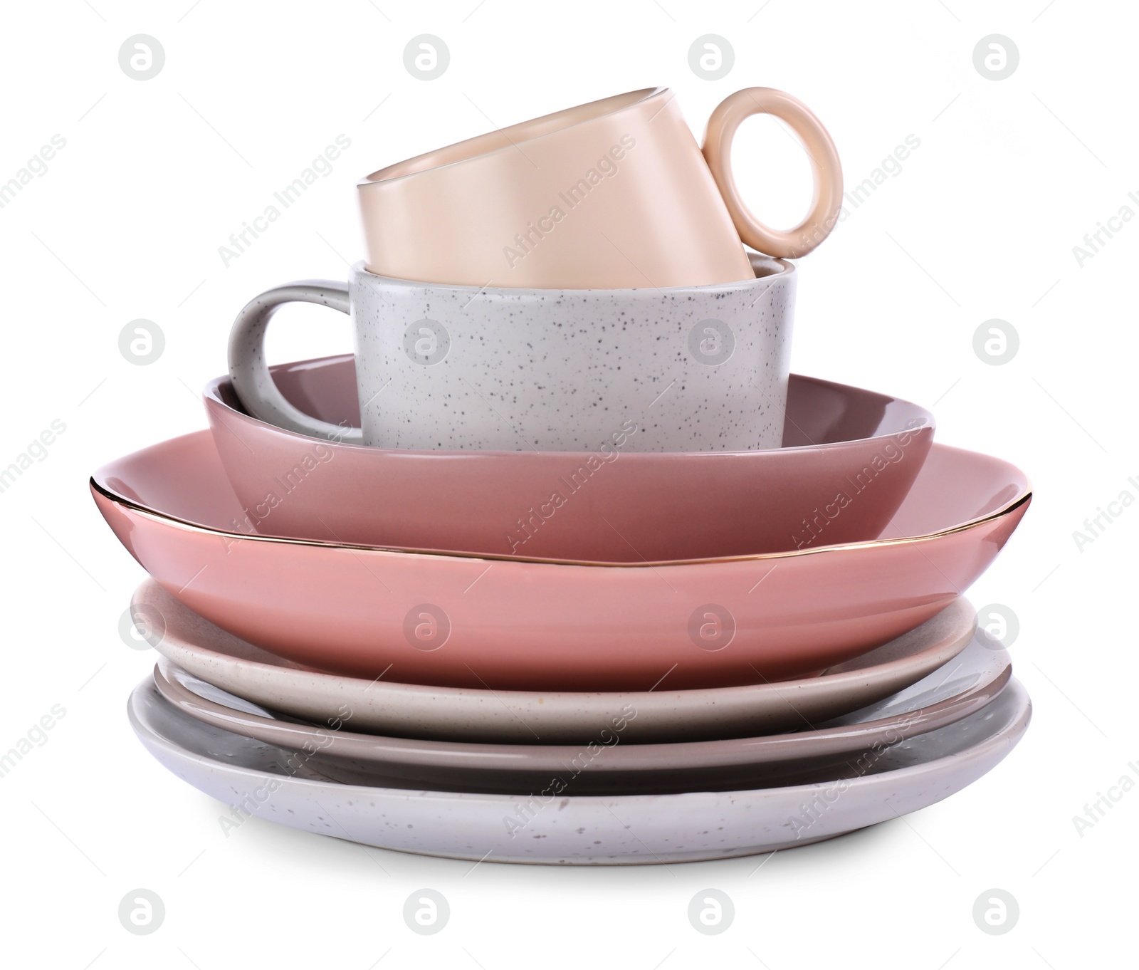 Photo of Set of plates and cups on white background