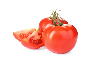 Photo of Tasty fresh raw tomatoes isolated on white