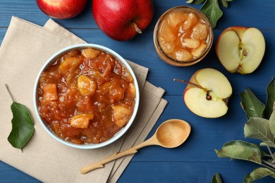 Tasty apple jam and fresh fruits on blue wooden table, flat lay