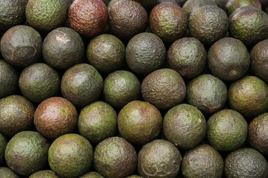 Delicious fresh ripe avocados as background, closeup