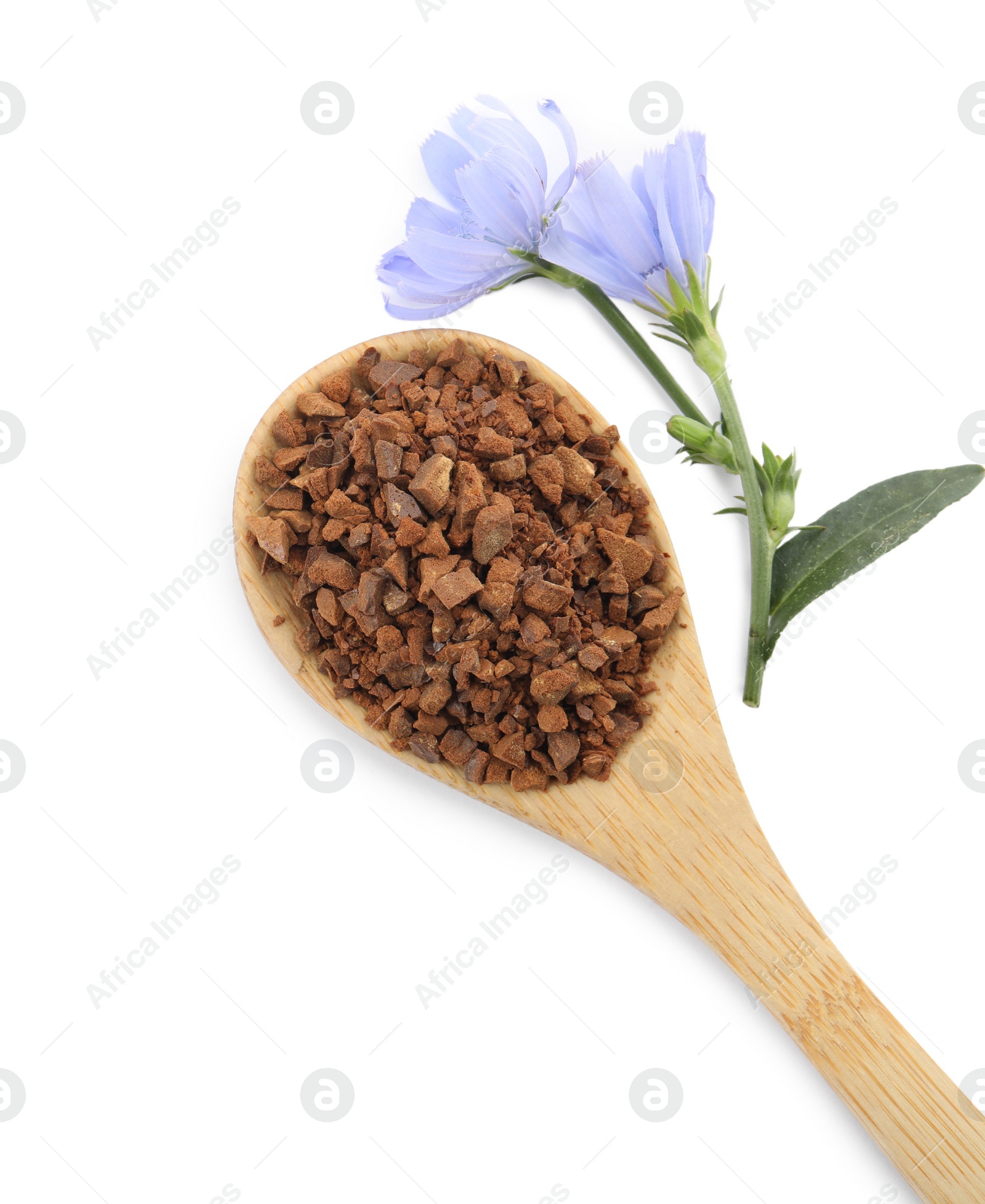 Photo of Spoon of chicory granules and flowers on white background, top view