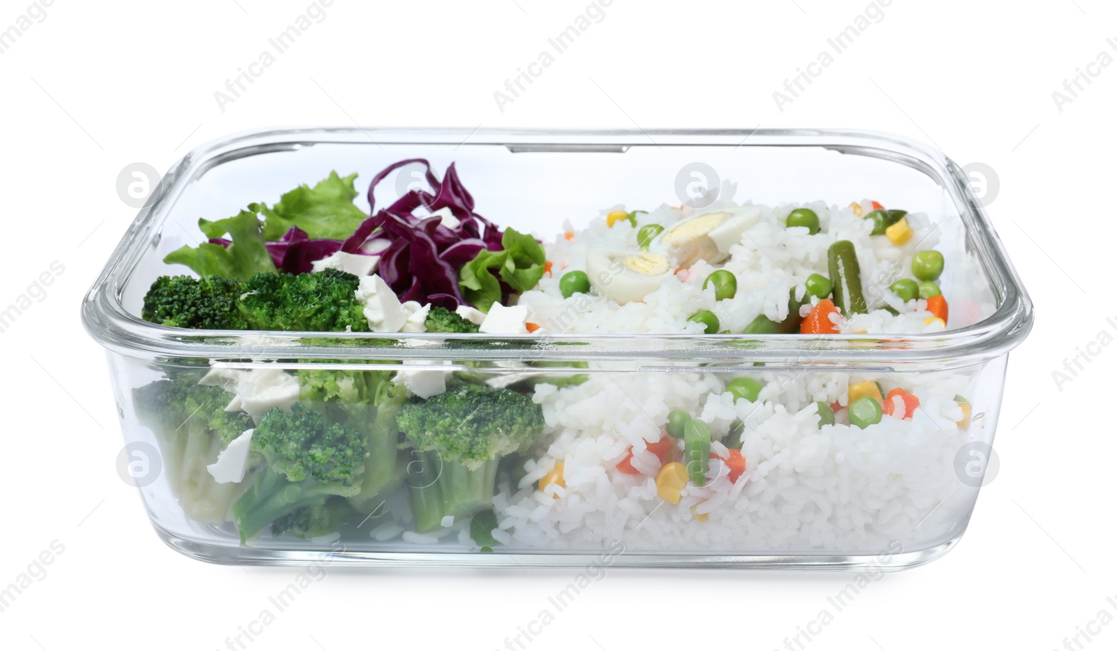Photo of Tasty rice with boiled egg and vegetables in glass container isolated on white